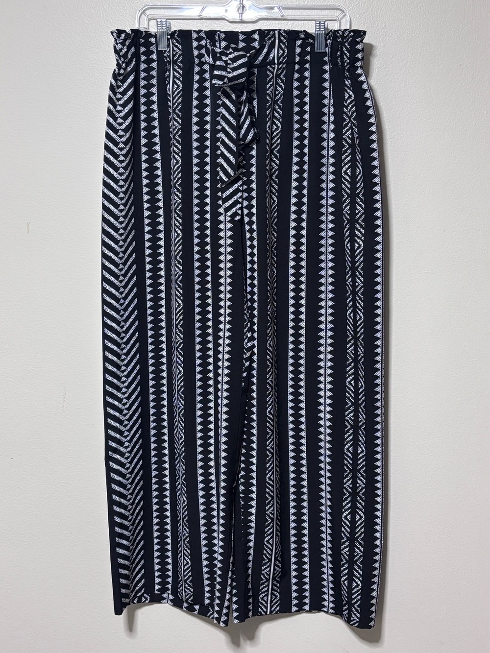 Black & White Wide Leg Patterned Pants with Self Tie Waist